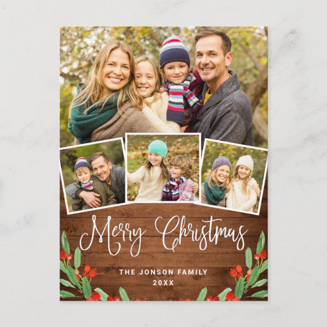 Cartão Postal Natal Rustic Wood 4 PHOTO Saudação Feriado (Frente)
