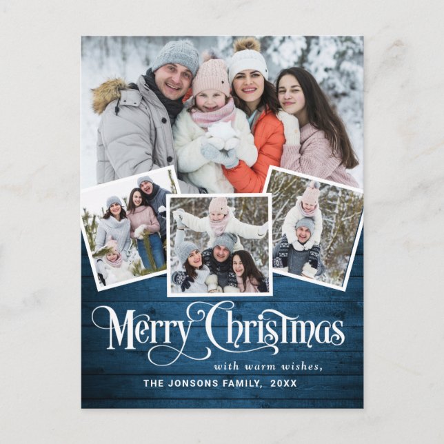 Cartão Postal Natal Rustic Wood 4 PHOTO Saudação Feriado (Frente)