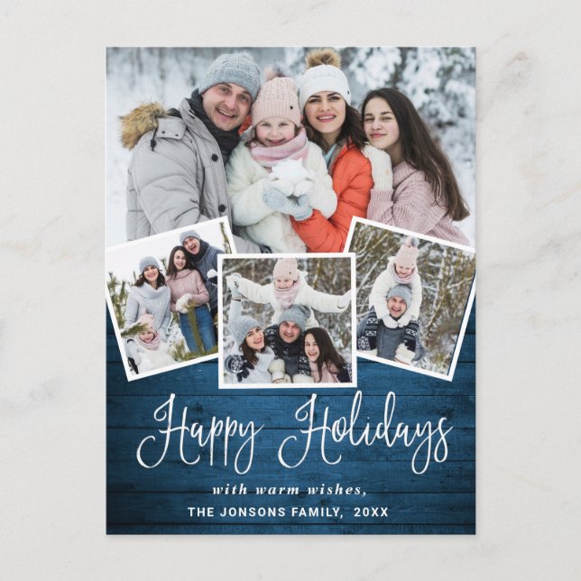 Cartão Postal Natal Rustic Wood 4 PHOTO Saudação Feriado (Frente)