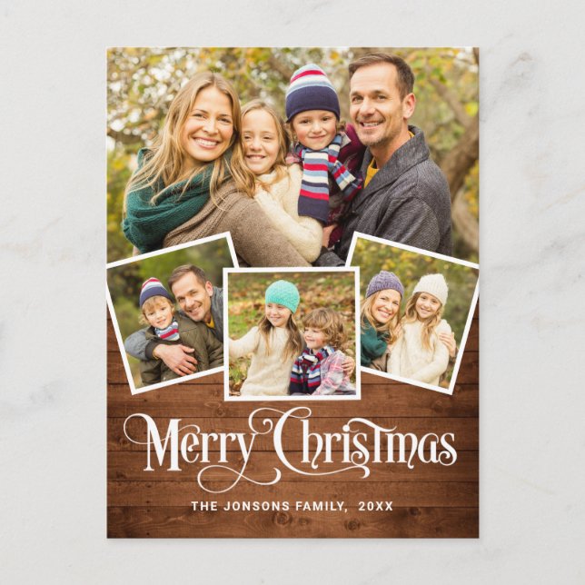 Cartão Postal Natal Rustic Wood 4 PHOTO Saudação Feriado (Frente)