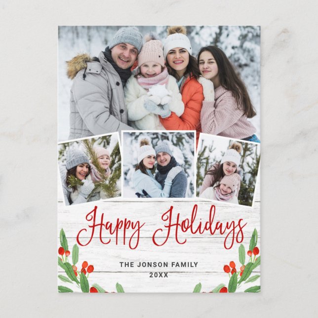 Cartão Postal Natal Rustic Wood 4 PHOTO Saudação Feriado (Frente)