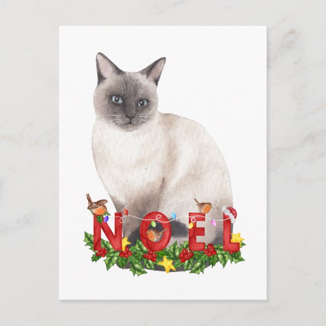 Cartão Postal Natal Siamese Cat Watercolor (Frente)