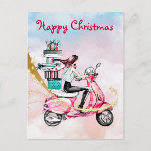Cartão Postal Natal vintage mulher num patinete rosa