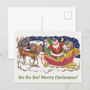 Cartão Postal Natal Vintage, Papai Noel Alegre com Trenó
