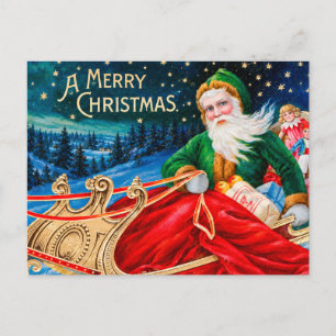 Cartão Postal Natal Vintage Verde Trenó do Papai Noel Noite Estr