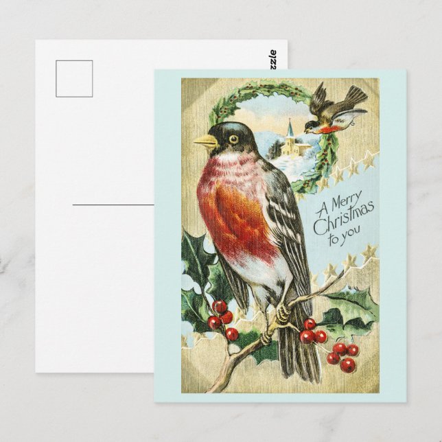 Cartão Postal Natalina de 1908 Robin no ramo de azevinho (Frente/Verso)