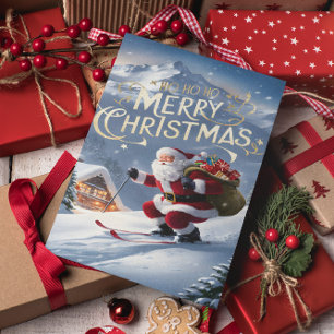 Cartão Postal Natalino Papai Noel Desliza pela Encosta Nevada