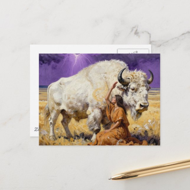 Cartão Postal Native American Woman and a Sacred White Bison (Frente/Verso In Situ)