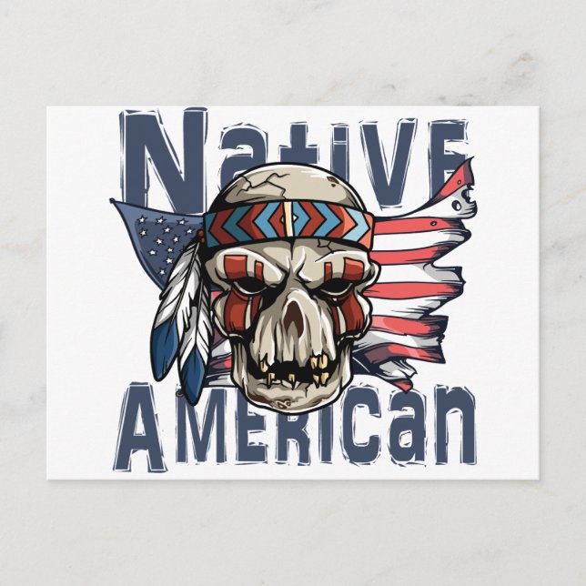 Cartão Postal Nativo Americano de Guerra Indígena Skull USA Flag (Frente)