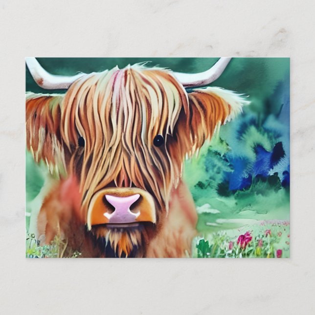 Cartão Postal Natureza Highland Cow Watercolor (Frente)
