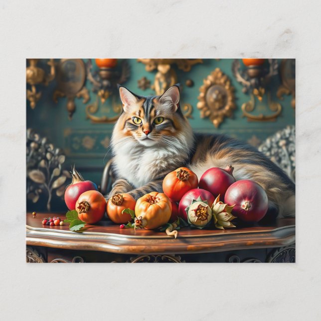 Cartão Postal Natureza Morta Clássica com Gato e Frutas (Frente)