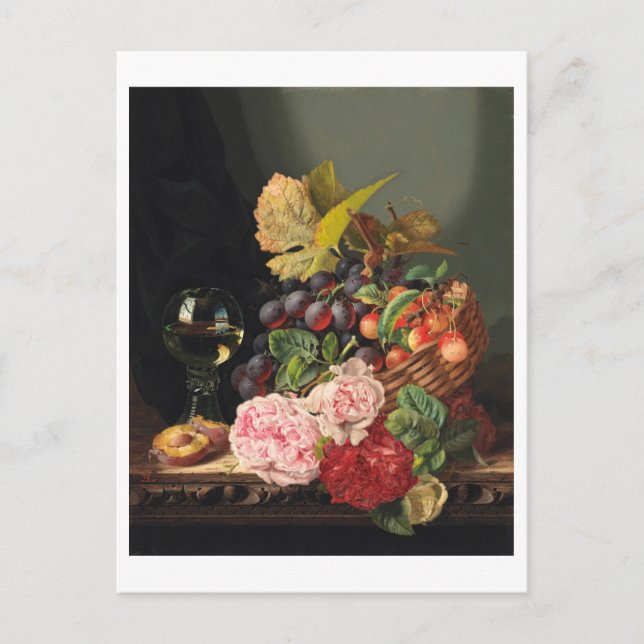 Cartão Postal Natureza-morta com peônias e um copo de vinho (Frente)