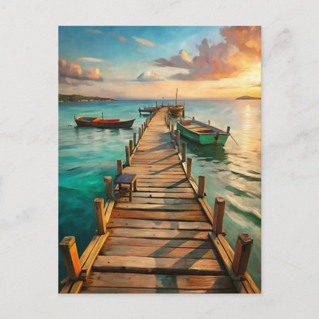 Cartão Postal Nautical Beach Pier Boats Coastal  (Frente)