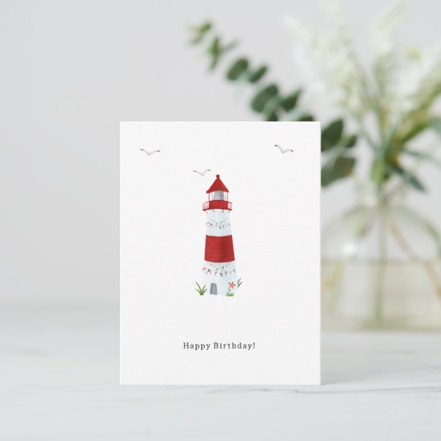 Cartão Postal Nautical Lighthouse Beach Happy Birthday Seagulls (Em pé/Frente)