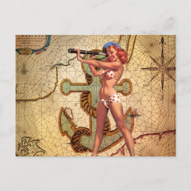 Cartão Postal Náutico Map Beach Bikini Pin Up Girl Sailer (Frente)