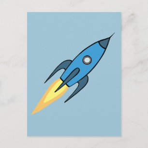 Cartão Postal Nave Espacial Retro Azul Foguete Espaço Sideral Si