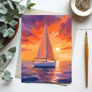 Cartão Postal Navegando ao Pôr do Sol Pintura do Oceano Costei