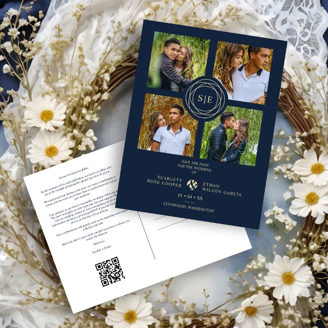 Cartão Postal Navi Blue & Gold Minimal Initials Simple 4 Photos (Navy Blue & Faux Gold Minimal Initials Wedding Fancy 4 Multi Photos Collage Save the Date Postcard.)