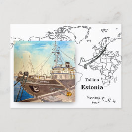 Cartão Postal Navio a Vapor Almirante, Tallinn, Estônia