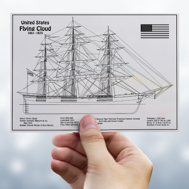 Cartão Postal Navio Clipper Flying Cloud - Planta do Navio BD (Clipper Ship Flying Cloud - Ship Blueprint BD. Postcard)