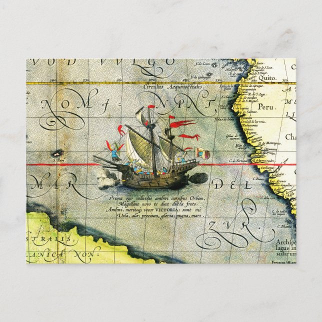 Cartão Postal Navio de Magalhães Victoria, Mapa Antiquado do Oce (Frente)