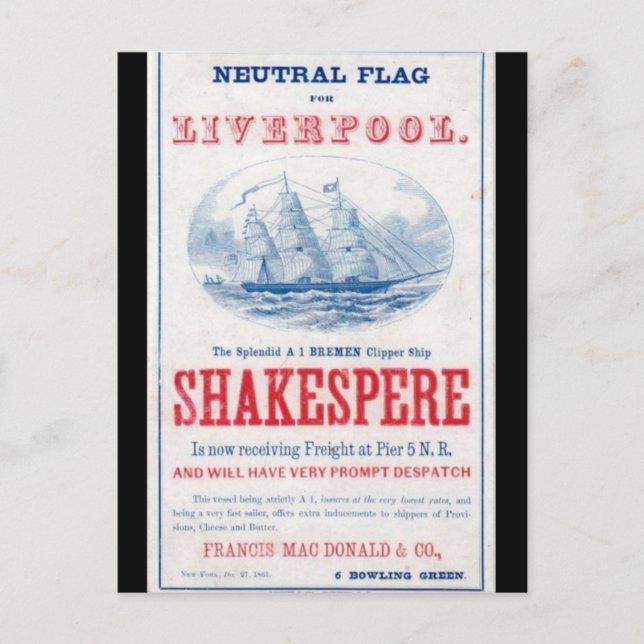 Cartão Postal Navio de navegação Shakespepper 1861 (Frente)