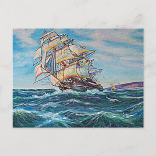 Cartão Postal Navio de vela na pintura de óleo em águas grossas