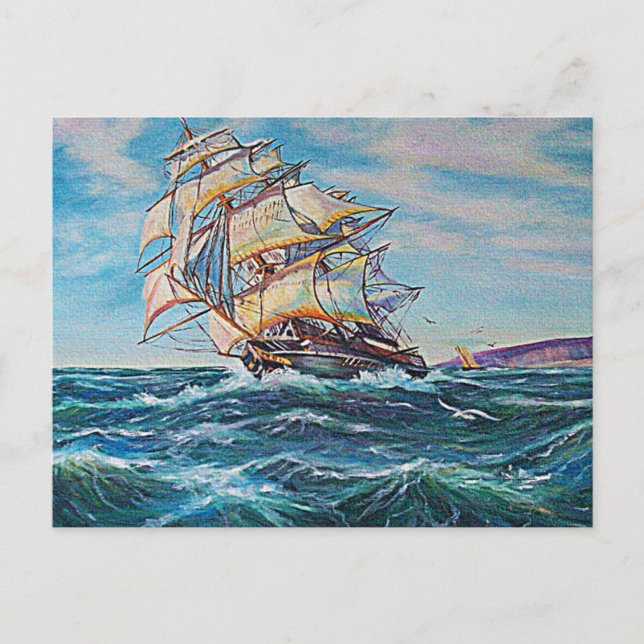Cartão Postal Navio de vela na pintura de óleo em águas grossas (Frente)