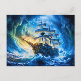 Cartão Postal Navio em Pintura de Fantasia do Oceano Azul Brilha