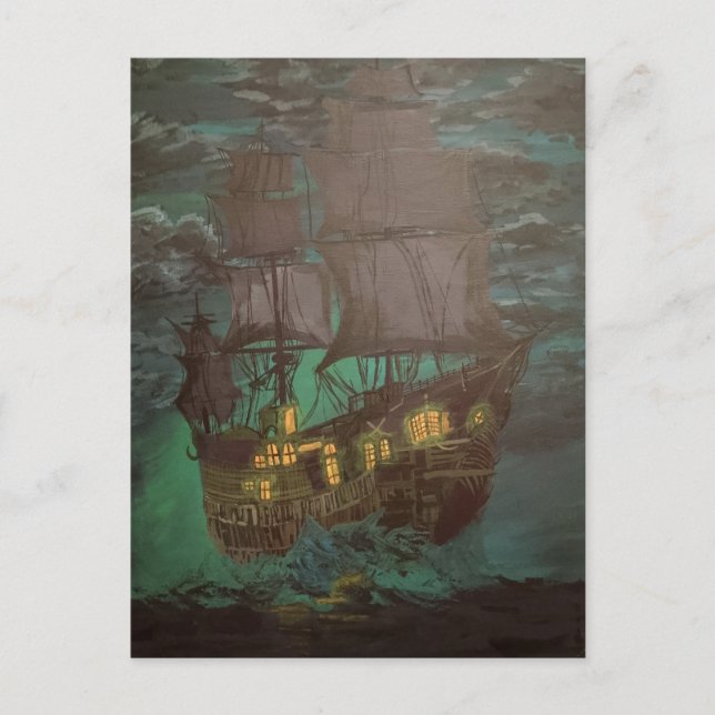 Cartão Postal navio fantasma, holandês voador, escuna (Frente)