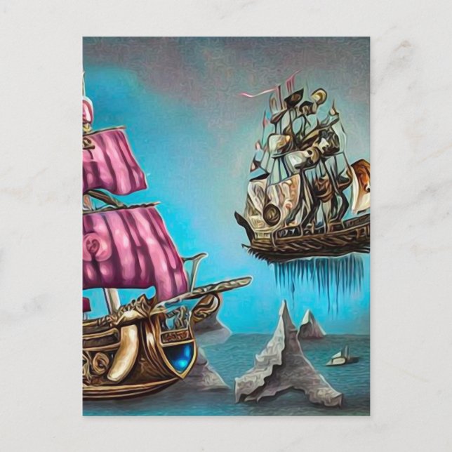 Cartão Postal Navio Flutuante Surreal Steampunk & Velas Rosa (Frente)