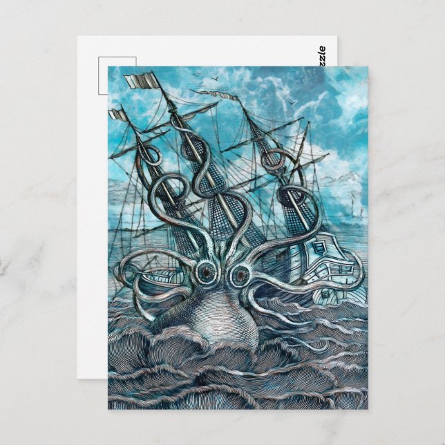 Cartão Postal Navio gigante Octopus Blue Sea Monster (Frente/Verso)