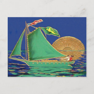 Cartão Postal Navio Irish Flag American Flag Sun Boat
