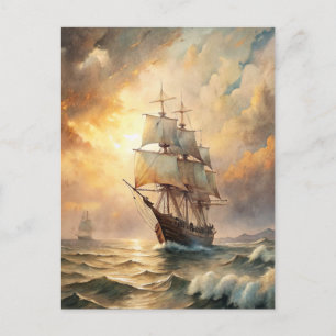 Cartão Postal Navio Navegando Ondas do Oceano Pôr do Sol Náutico