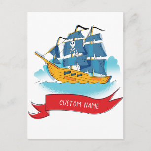 Cartão Postal Navio Pirata de Desenho Animado Fofo com texto per