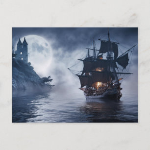 Cartão Postal Navio pirata e castelo 