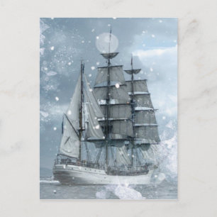 Cartão Postal navio pirata vintage contra a tempestade de invern