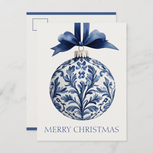 Cartão Postal Navy Blue and White Chinoiserie Christmas Ornament (Frente/Verso)