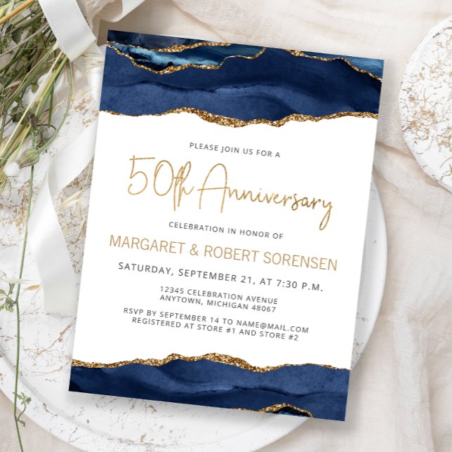 Cartão Postal Navy Blue Gold Agate 50th Anniversary Invitation (Criador carregado)