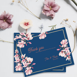 Cartão Postal Navy Blue Magnolia Floral Wedding Thank You