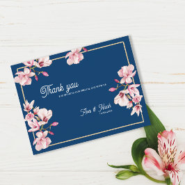 Cartão Postal Navy Blue Magnolia Floral Wedding Thank You