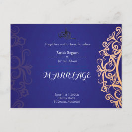Cartão Postal Navy Elegant Blue Muslim wedding Invitation 