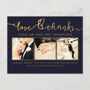 Cartão Postal Navy Gold Wedding Love & Thanks Script Photo