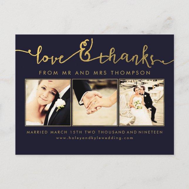 Cartão Postal Navy Gold Wedding Love & Thanks Script Photo (Frente)