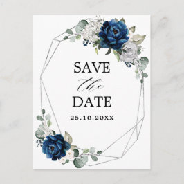 Cartão Postal Navy Prata  Champagne Marfim Rosa Save the Date