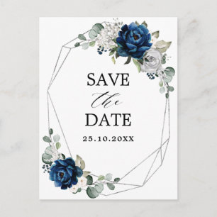 Cartão Postal Navy Prata  Champagne Marfim Rosa Save the Date