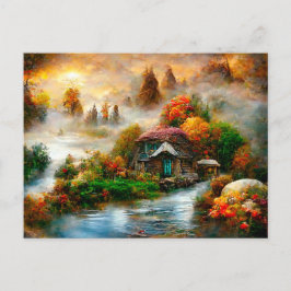 Cartão Postal Nebel am Herbstmorgen. Fantasy Cottage.
