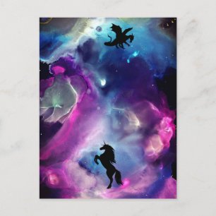 Cartão Postal Nebulosa Espacial Fantástica Dragão Unicórnio Rosa