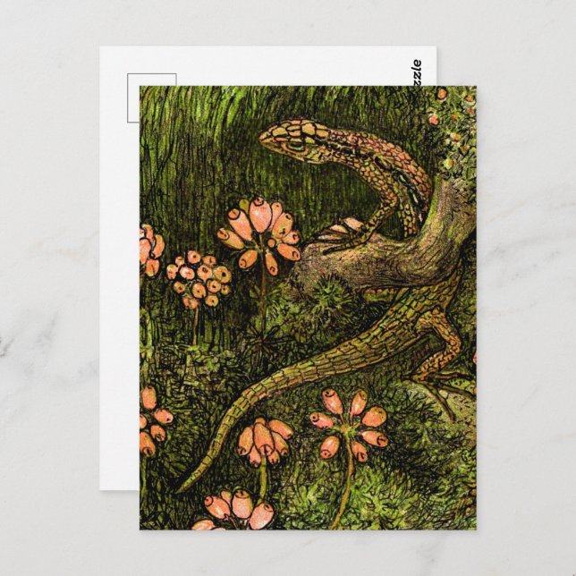 Cartão Postal Neerlandês Art Nouveau Lizard e flores selvagens (Frente/Verso)