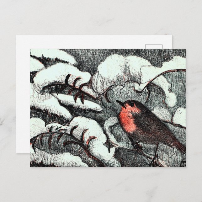 Cartão Postal Neerlandês Art Nouveau Robin Bird no inverno (Frente/Verso)